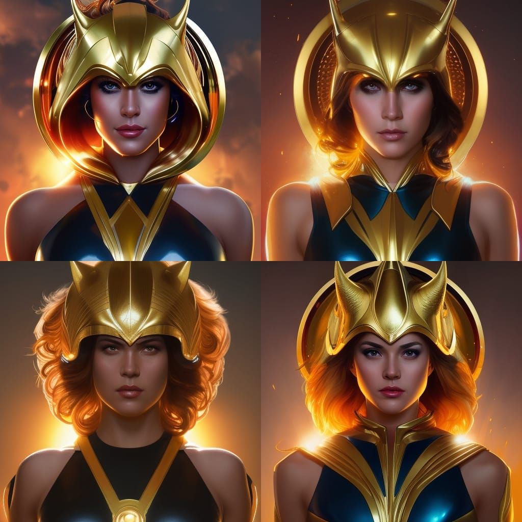 Female Superhero in a sun themed golden outfit and golden horns