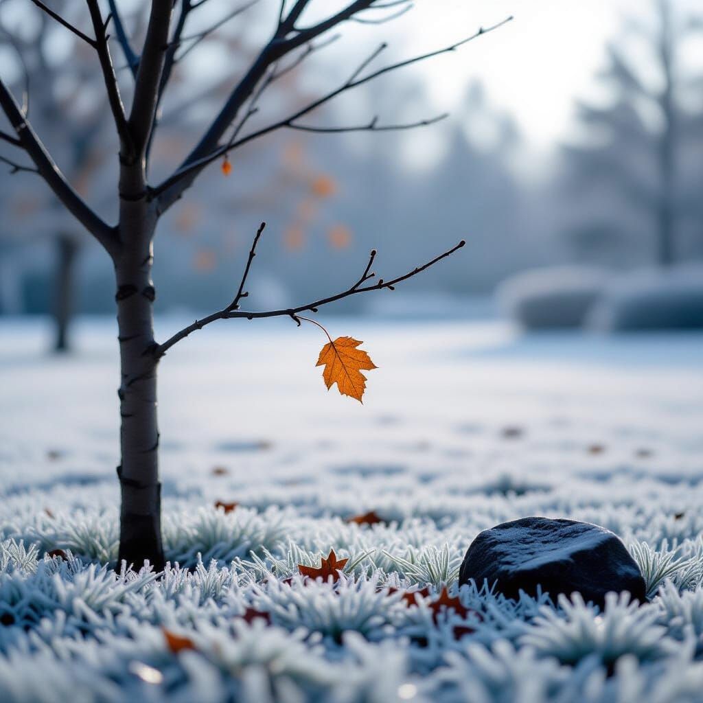 Black and White Photo: Lone Leaf on Frozen Tree Branch