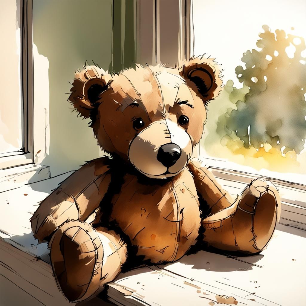 Sunlit Teddy Bear Illustration in Quentin Blake Style