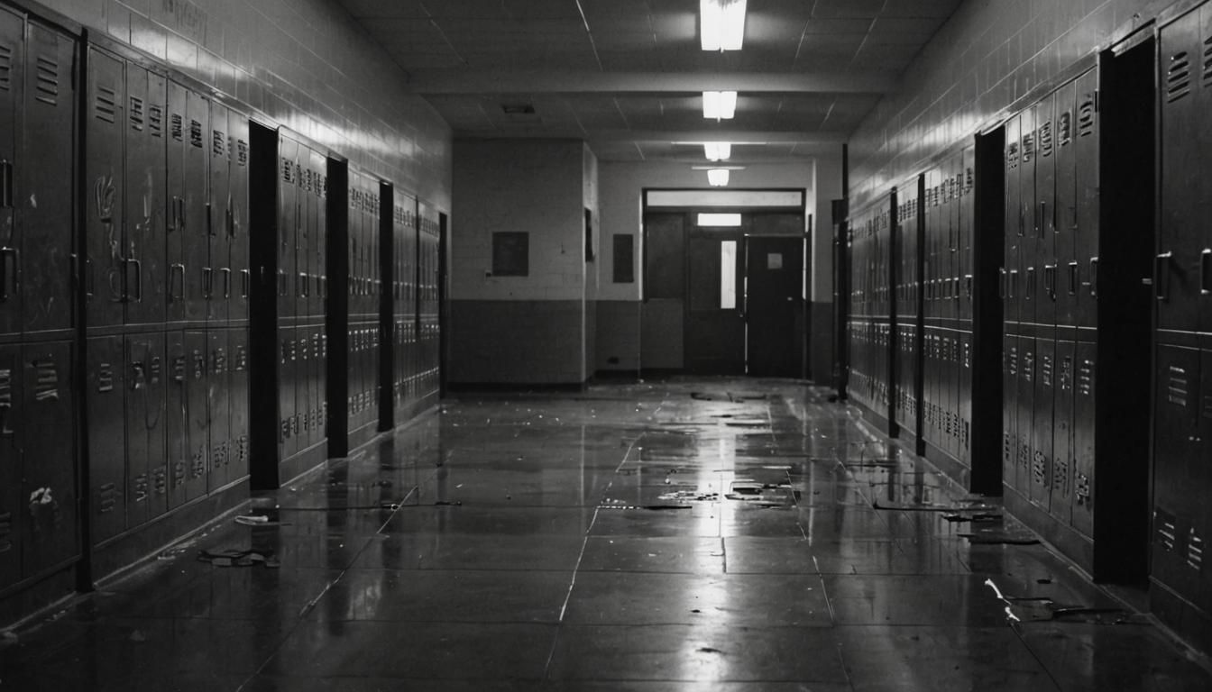Desolate High School Hallway in Film Noir Style