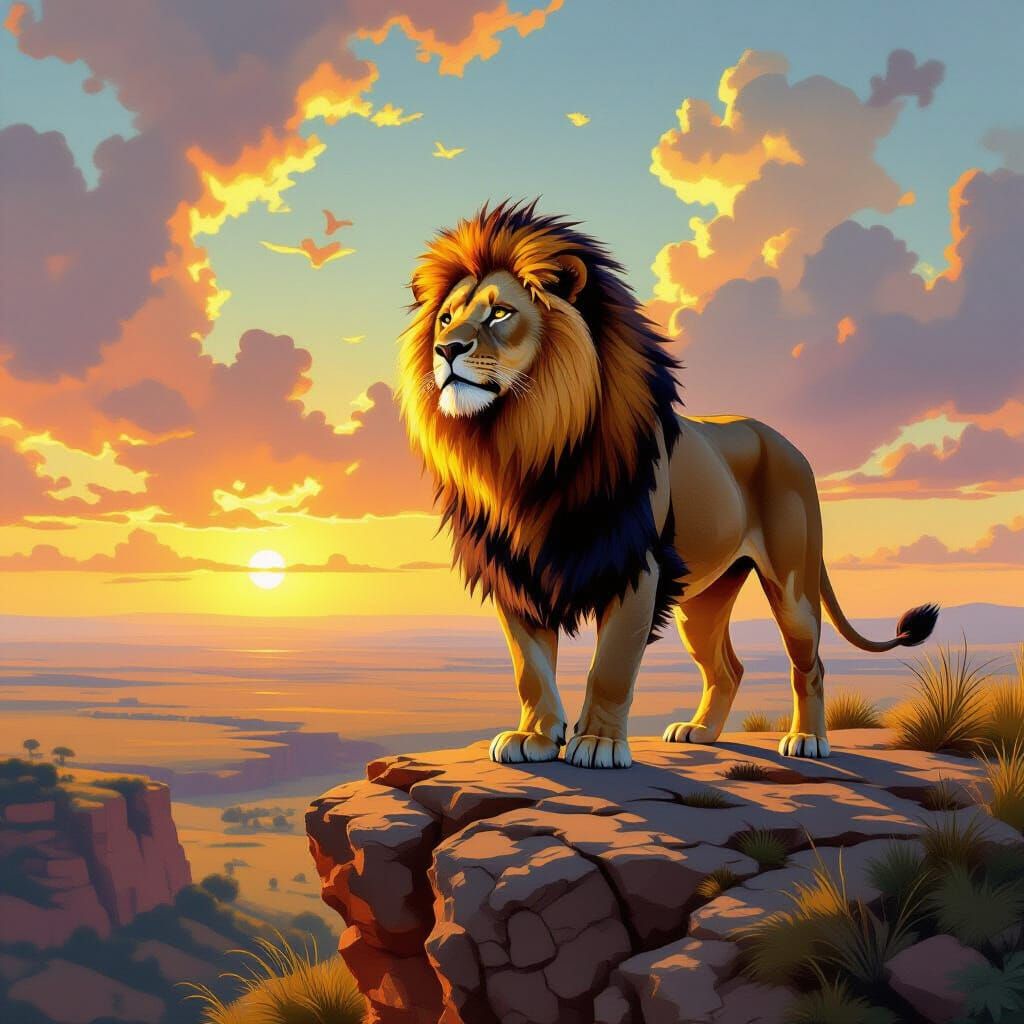 Majestic Lion with Fiery Mane in Oil Painting Style