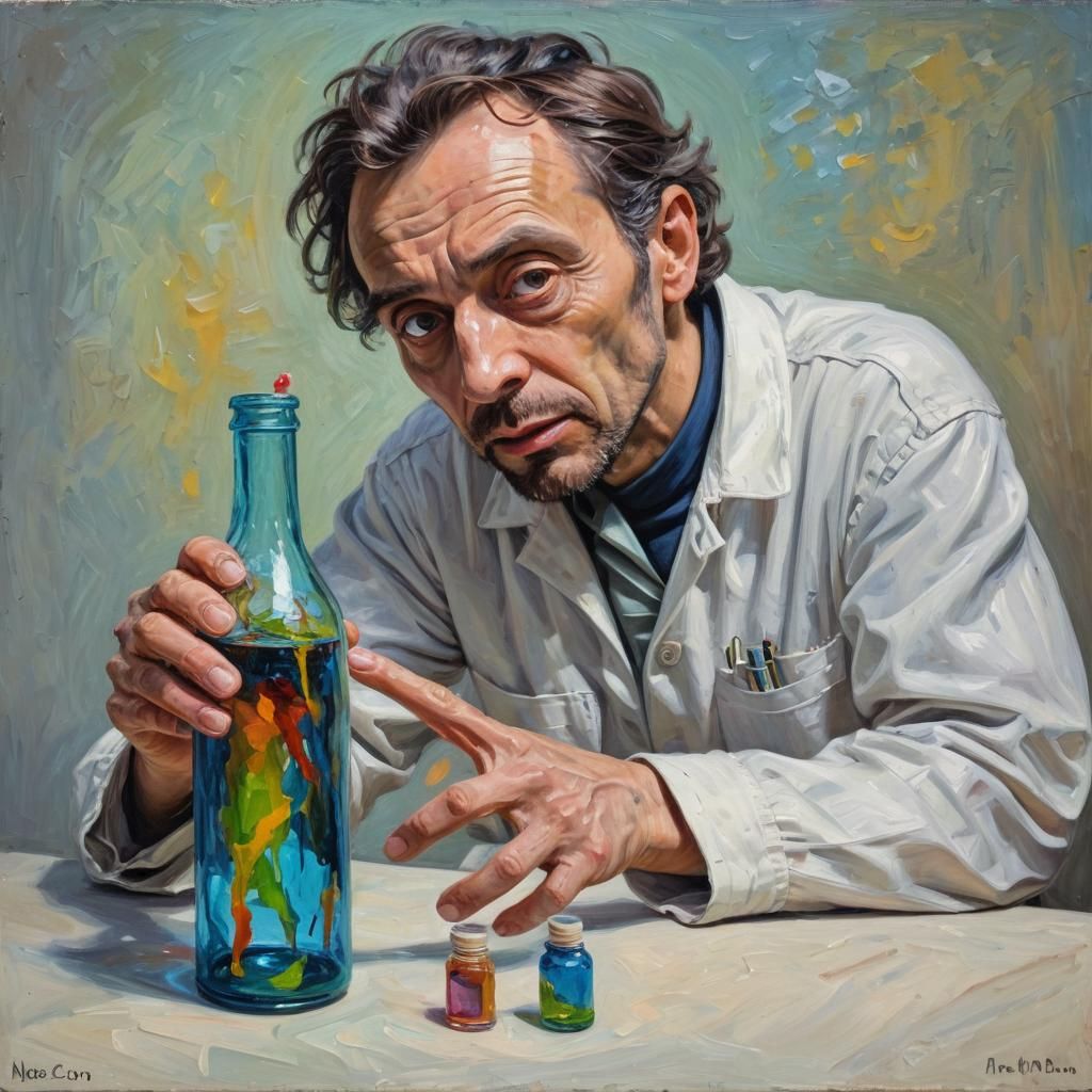 Alien Scientist Mocks Human: Neo-Impressionist Oil Painting