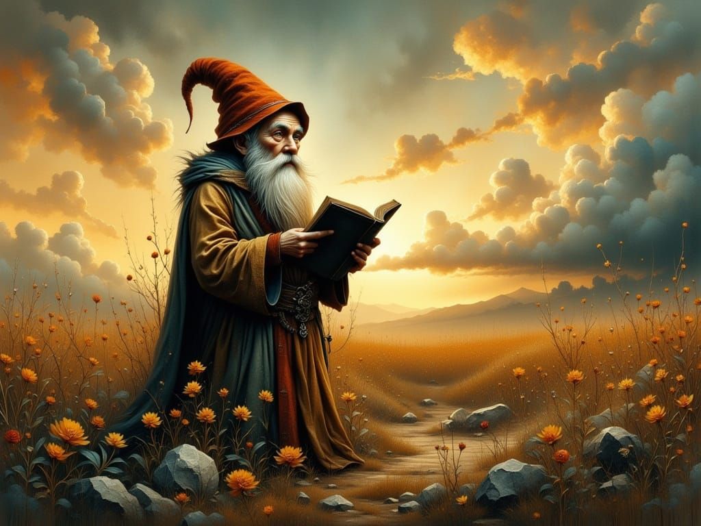 Enchanted Gnome Reading Incantation in Meadow