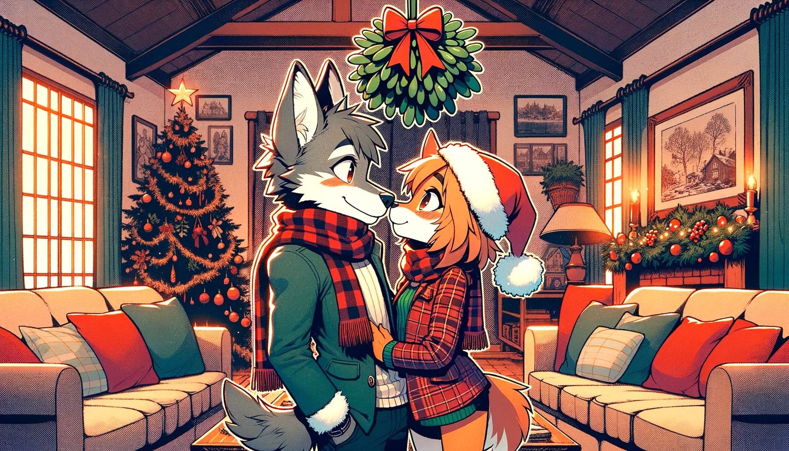 Anime Feline and Canine Romance Under Mistletoe