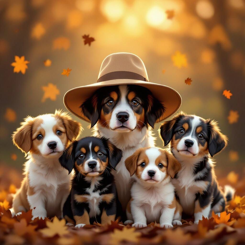 Dogs Share Sun Hat in Whimsical Autumn Scene