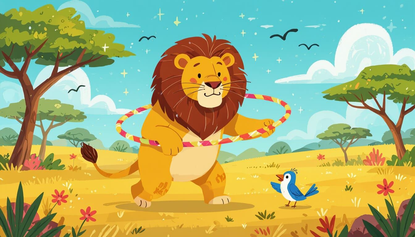 Giant Lion Hula Hooping with Cheering Bird in Colorful Savan...