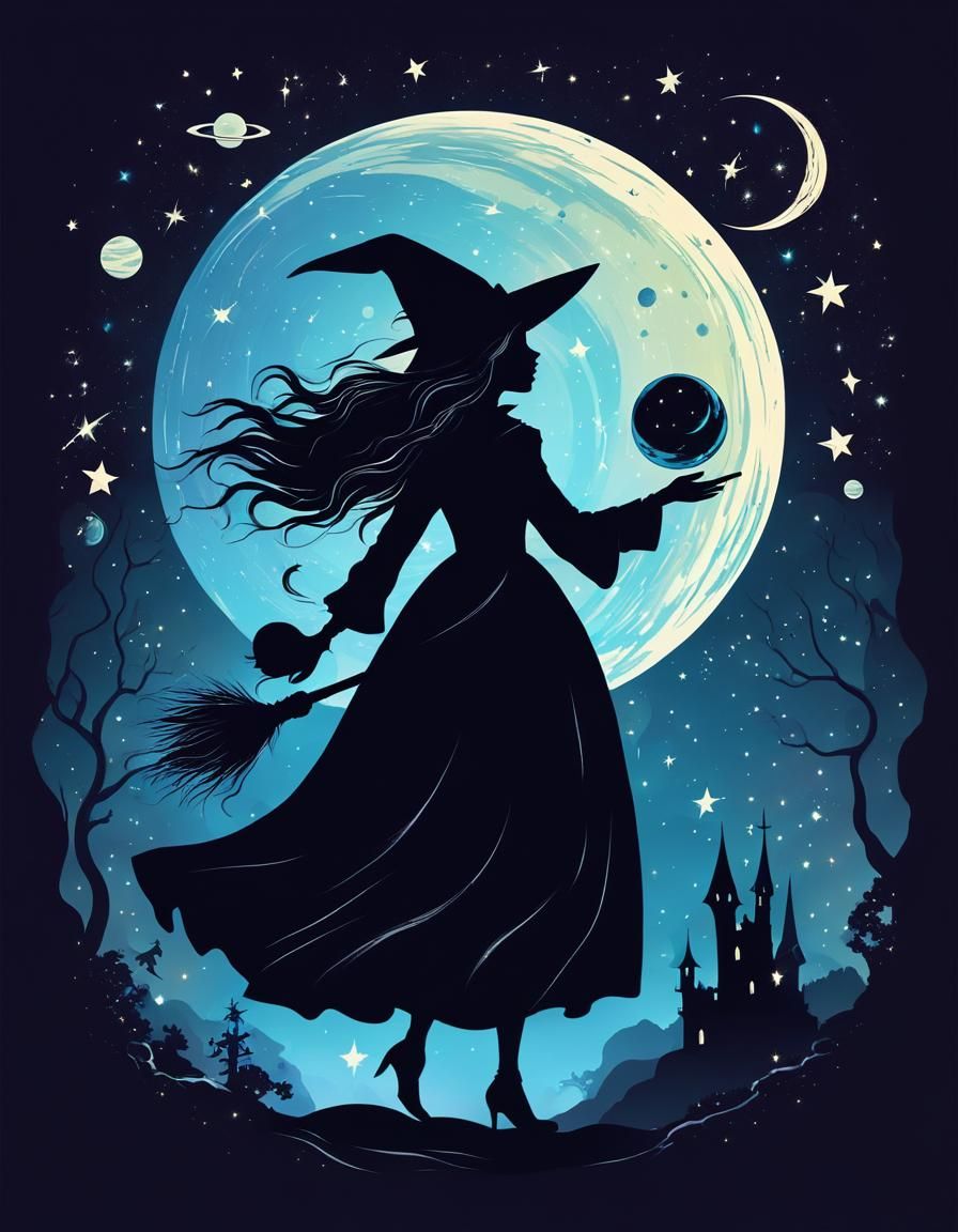 Whimsical Witch Silhouette Casting Magic Spell in Vector Sty...
