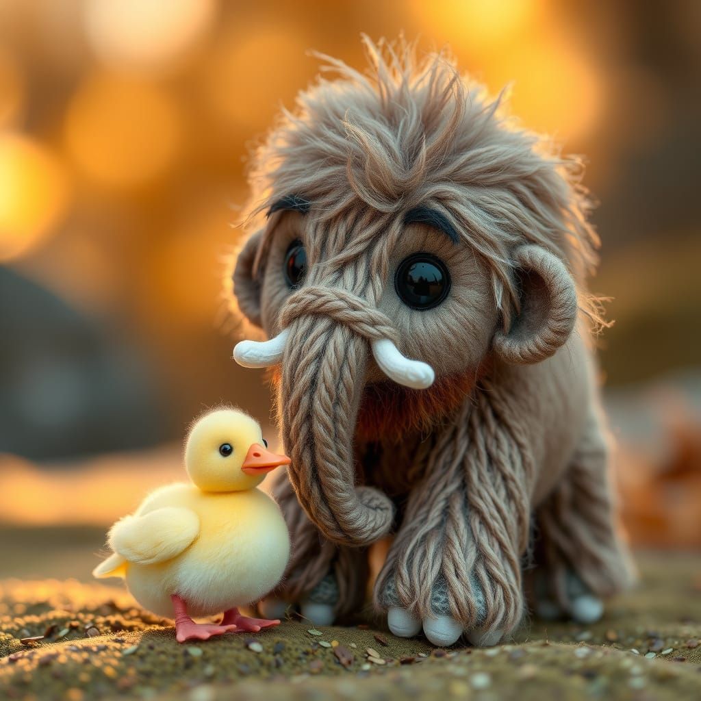 Cozy Faerie Mammoth with Luminous Eyes and Fluffy Companion