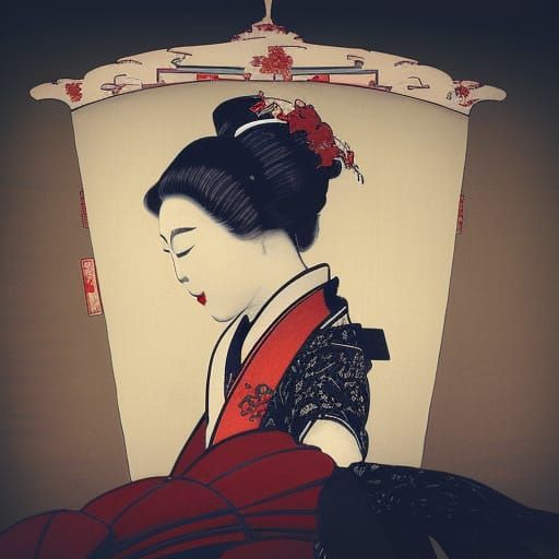 Japanese geisha red black white dancing art nouveau rococo architecture bokeh by artist Toulouse Lautrec 1900 contrastin...