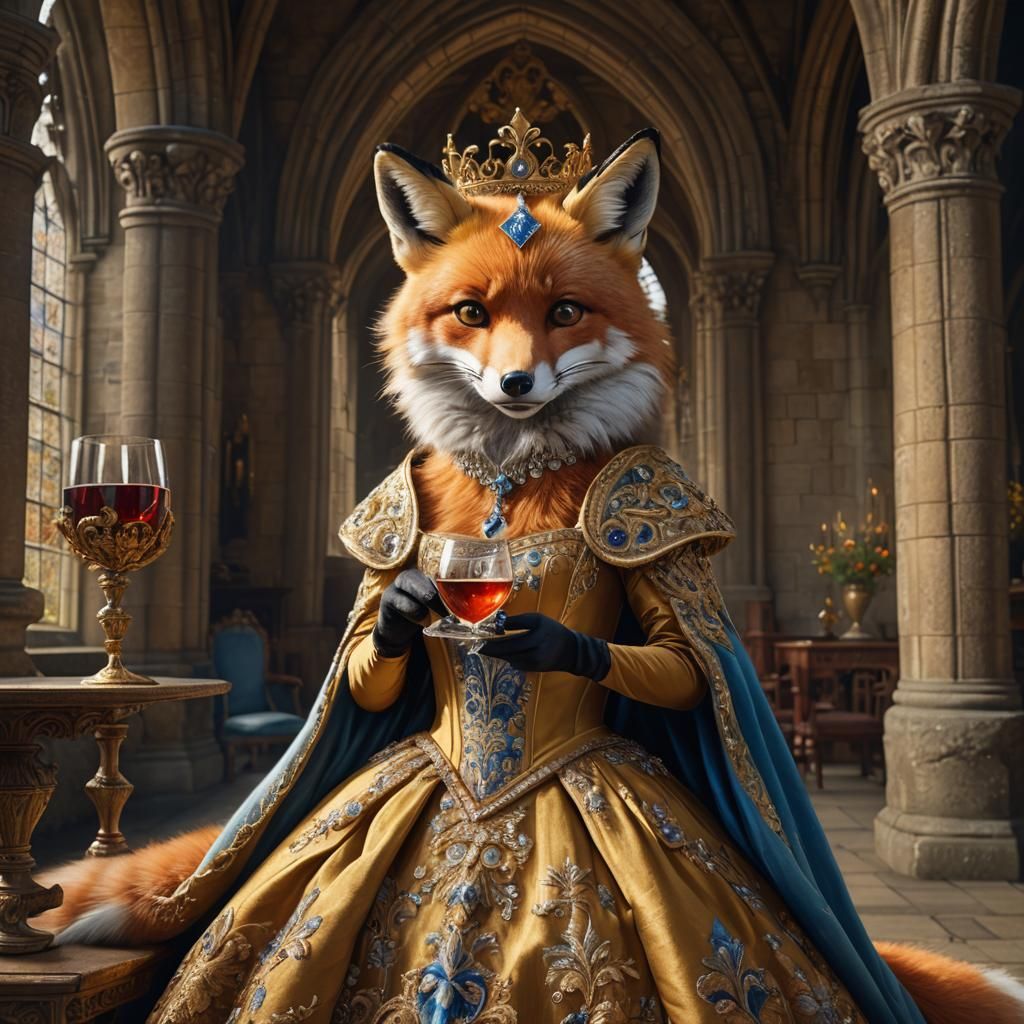 Fox in Gown at Underhill Abbey: Hyperrealistic Art