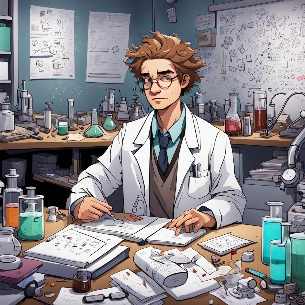Chaotic Lab Scene with Sleep-Deprived Student