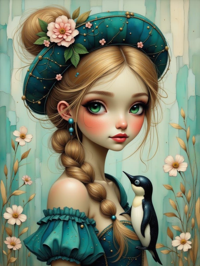 Beautiful Woman in Turquoise Corset Dress with Hat