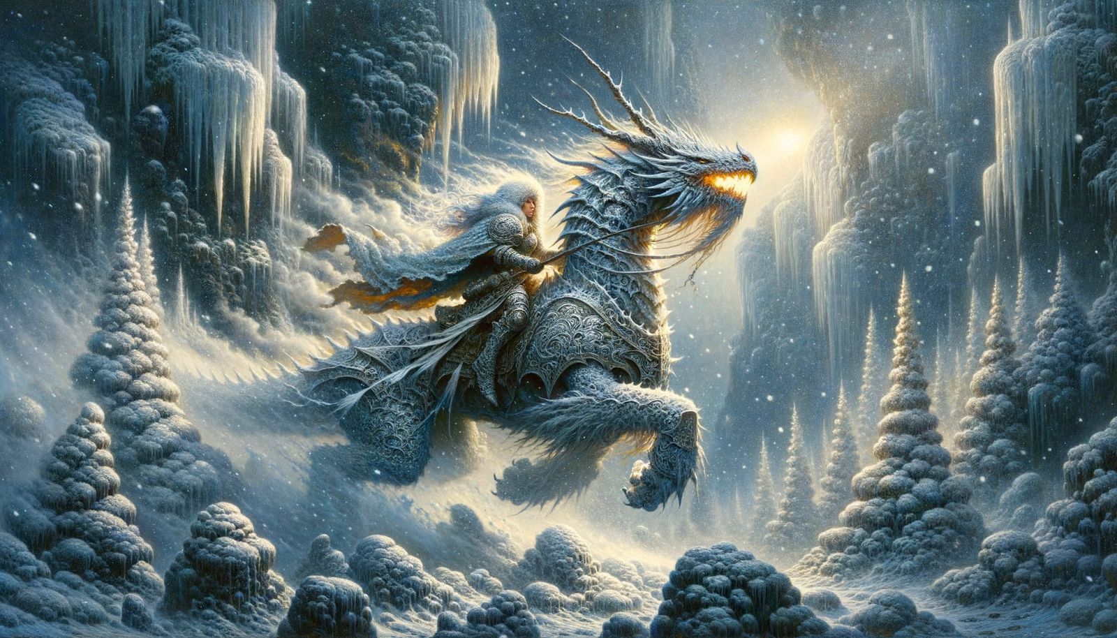 Middle-Eastern Warrior Woman on Dragon in Blizzard