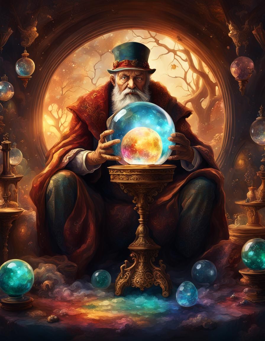 Storyteller with Crystal Ball in Detailed Matte Painting Sty...