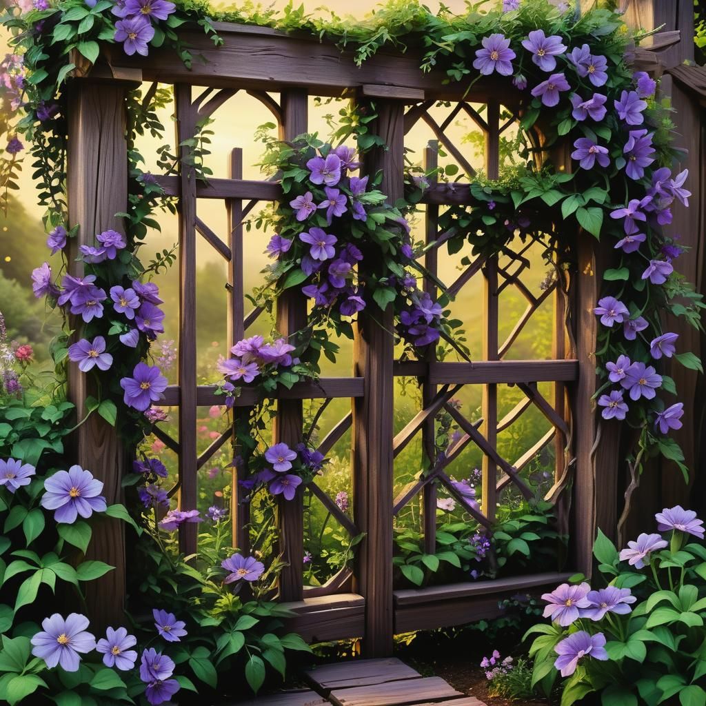 Blooming Garden Trellis with Purple Flowers