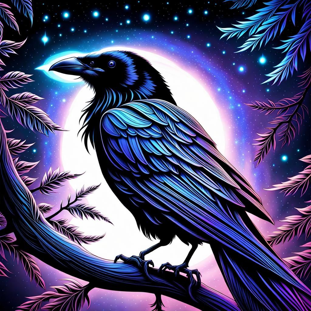 Hyperrealistic Raven Line Art on Cosmic Background