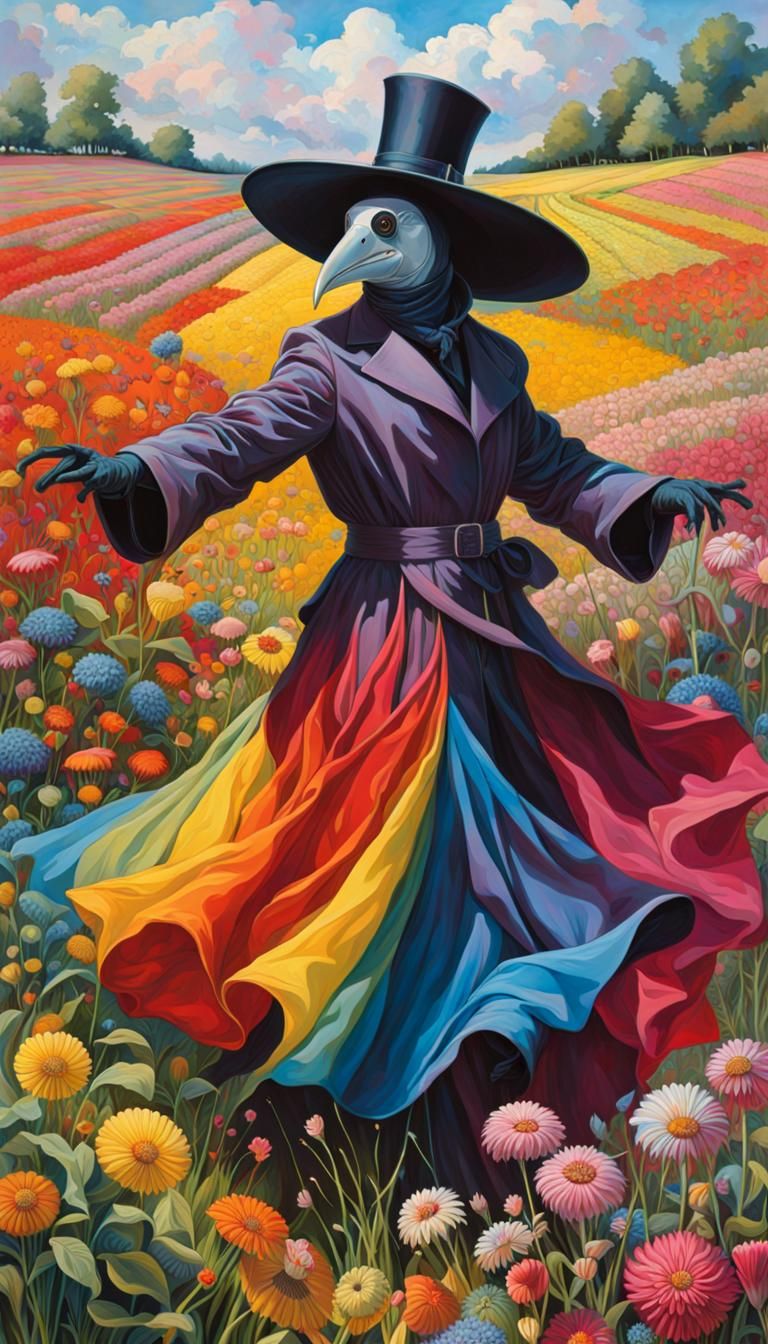 Jovial Plague Doctor Dancing in Flowers