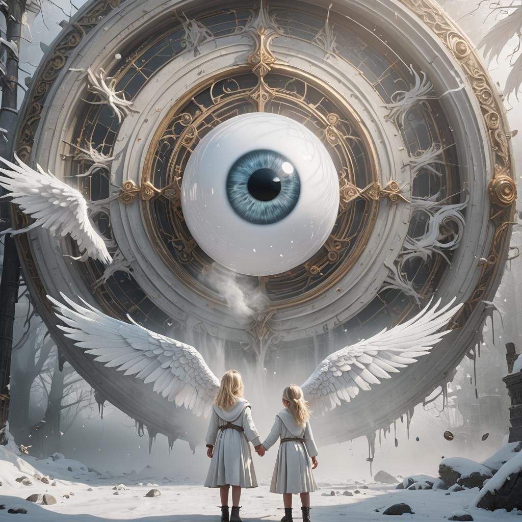 Surreal White Eyeball Angel in Dreamy Landscape