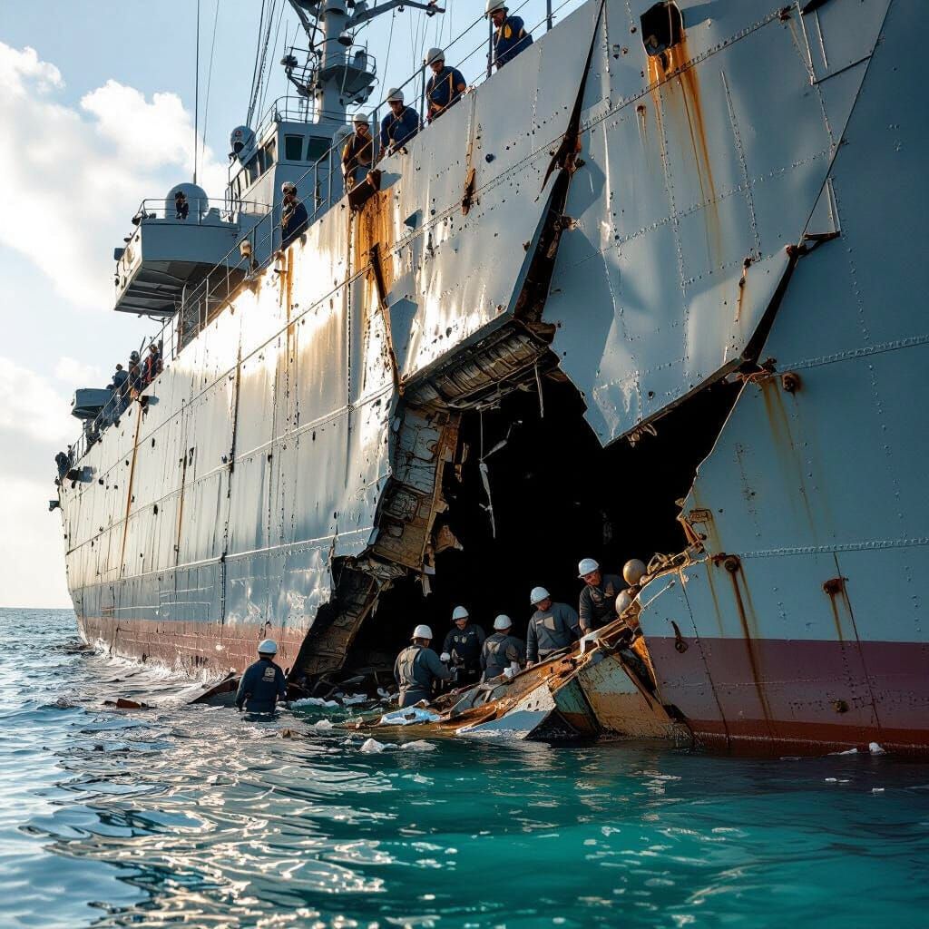 USS Cole Hull Breach After Explosion in Turquoise Sea