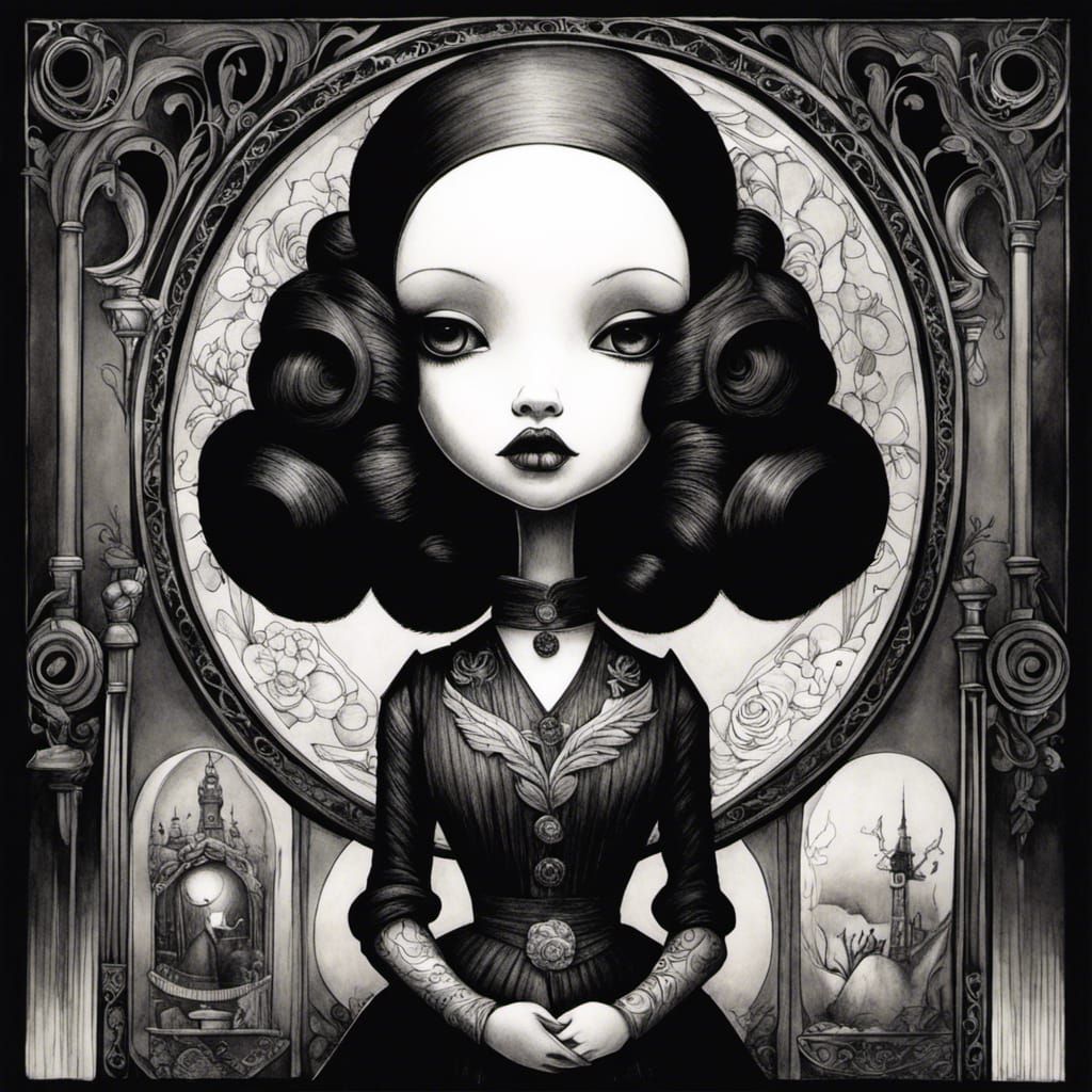 Ink Drawing of a Doll in Dark Surrealist Style