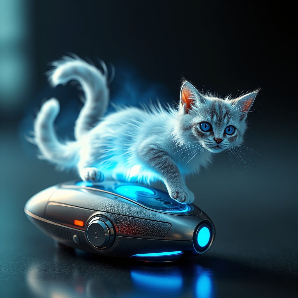 Holographic Cat Toy in Dystopian Futurism Style