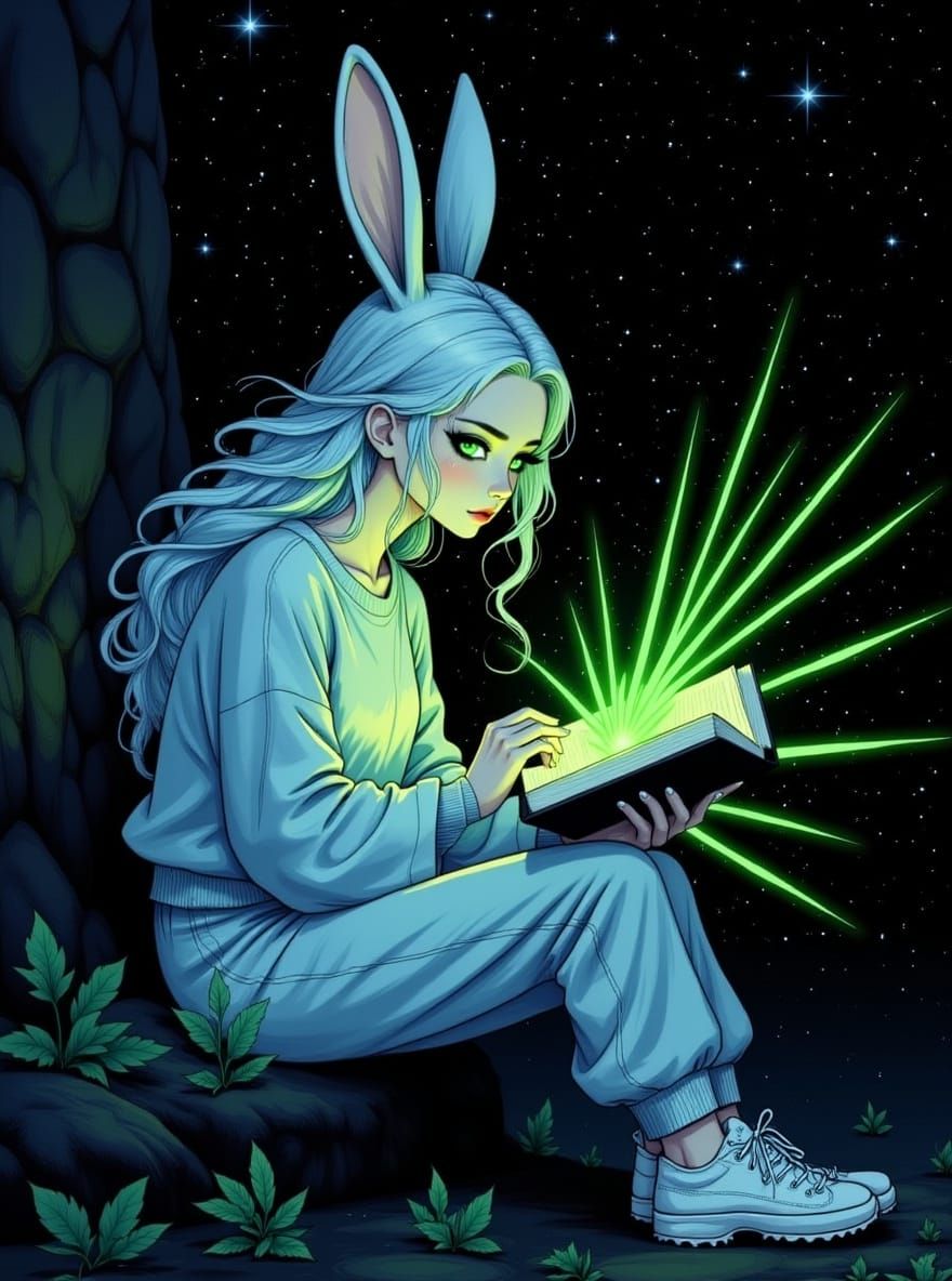 Anthropomorphic Rabbit Reading by Cliffside in Starlit Fores...