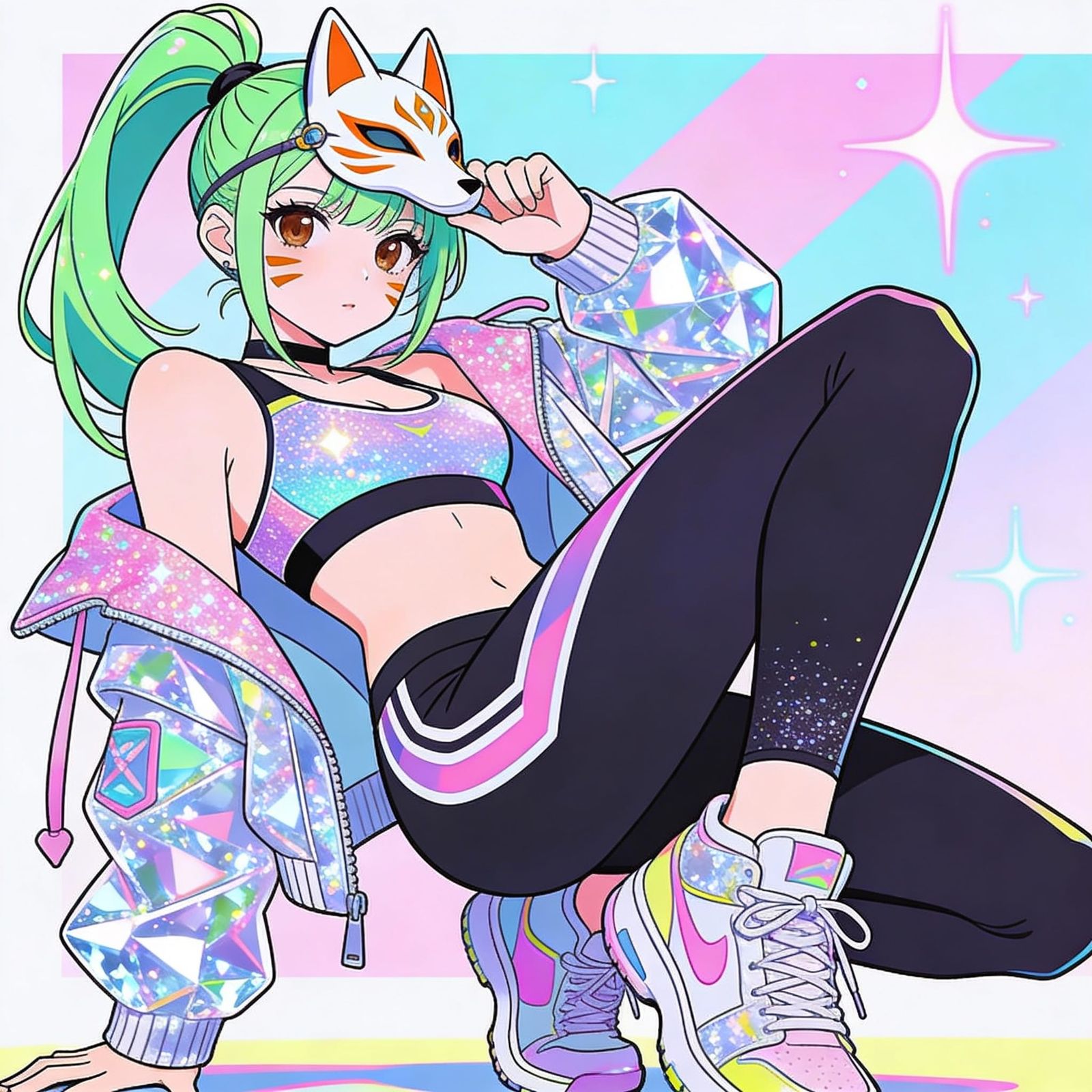 Neon Pop Art Ninja with Green Hair and Fox Mask