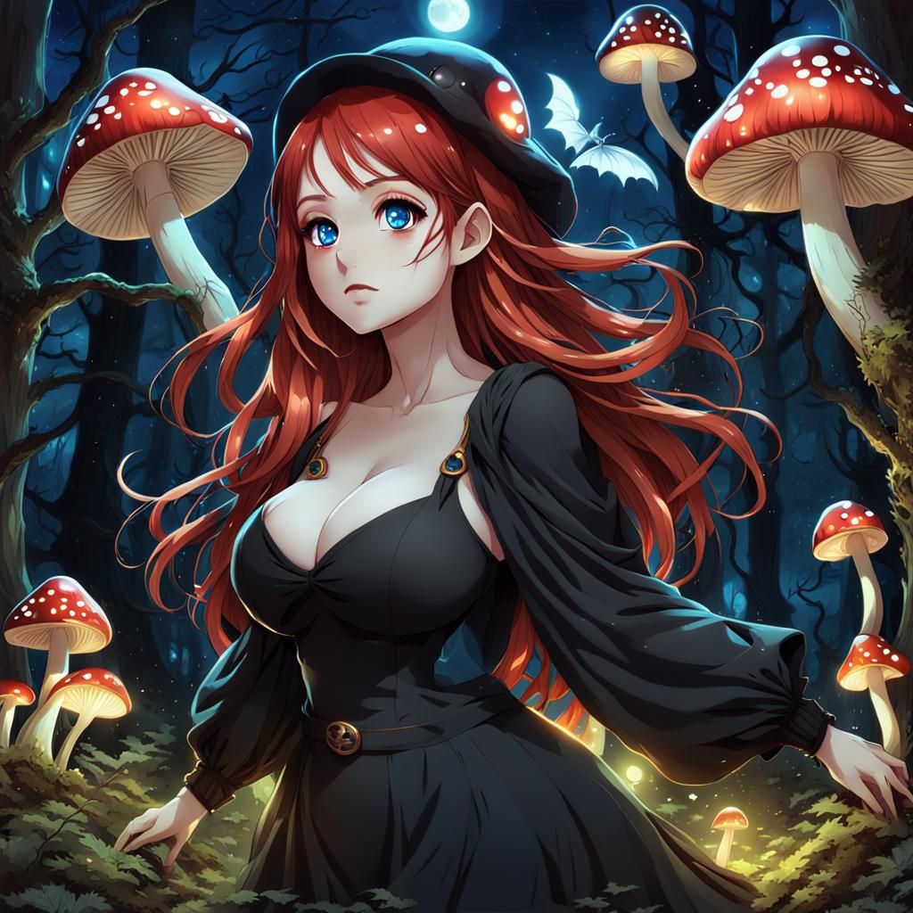 Anime Mushroom Woman in Magic Forest
