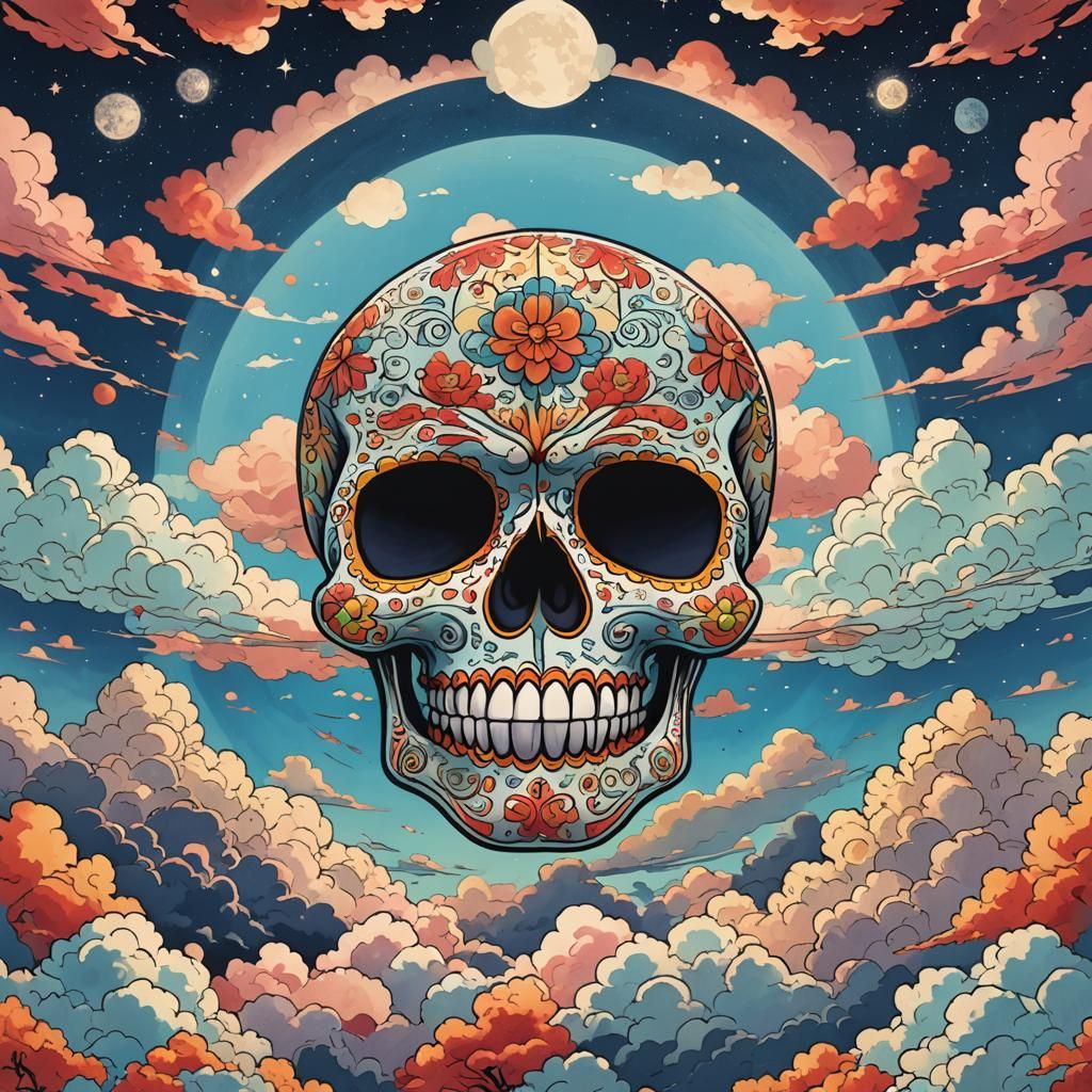 Giant Sugar Skull Cloud Art in Ukiyo-e Style