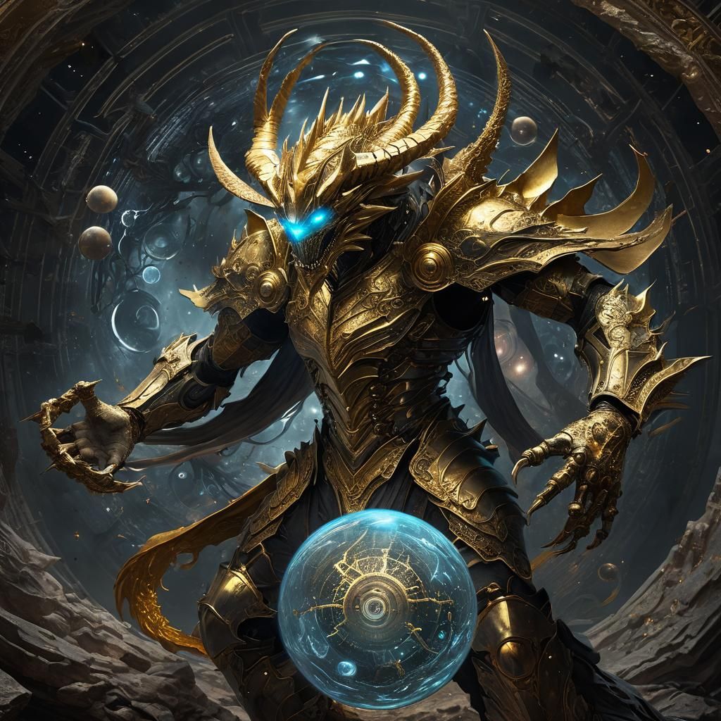 Golden Armored Dragon Cyborg Warrior in Cosmic Energy