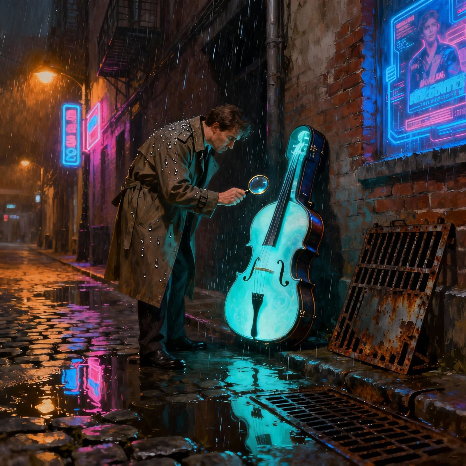 Detective Examines Glowing Cello Case in Neon Alley