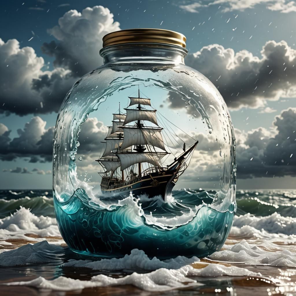 Ship in a Bottle on Stormy Seas: Digital Art
