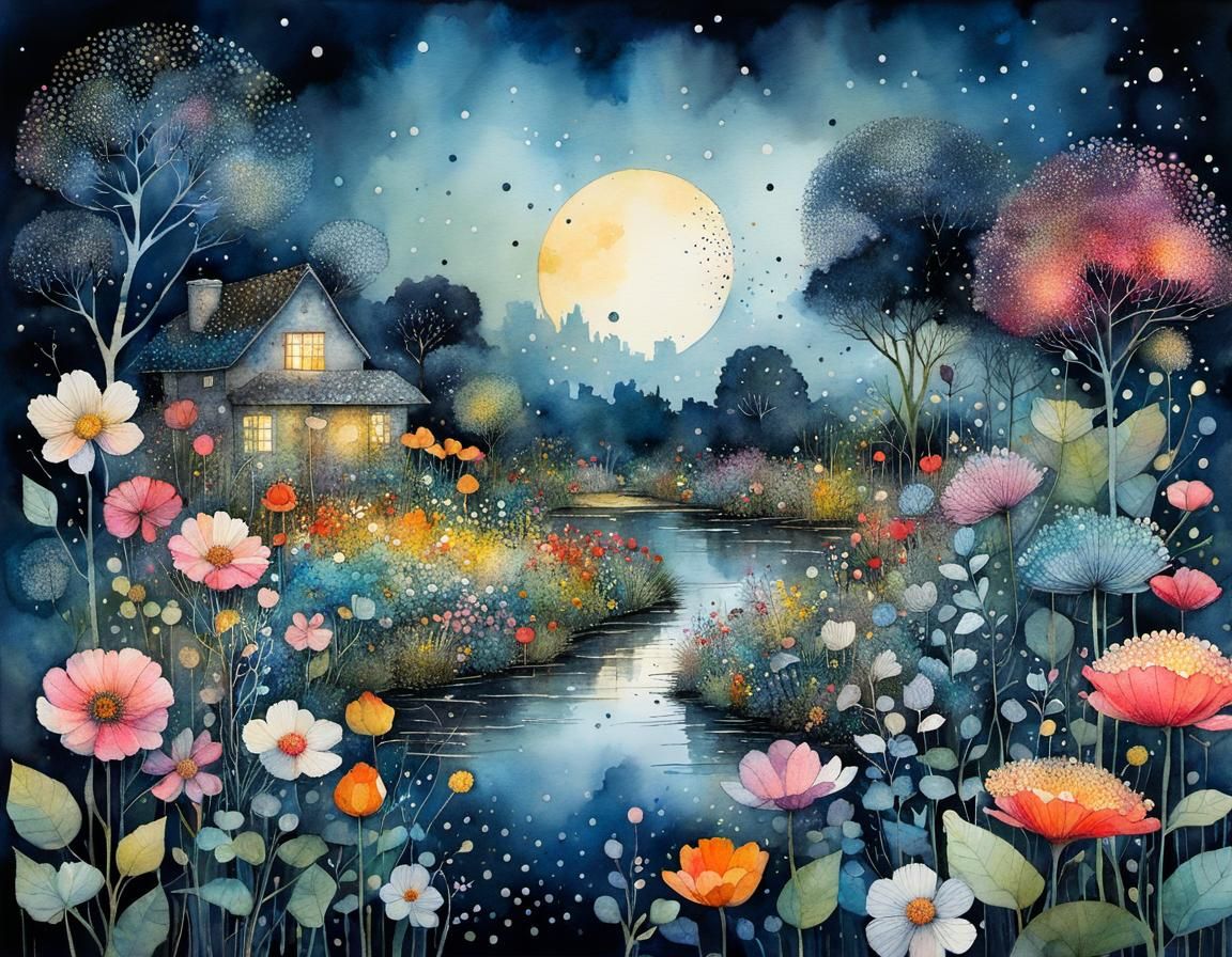 Magical Moonlight Flower Garden in Watercolor Style