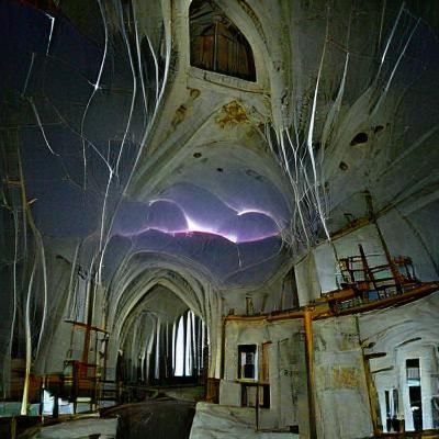 Dramatic Ruined Cathedral in Thunderstorm
