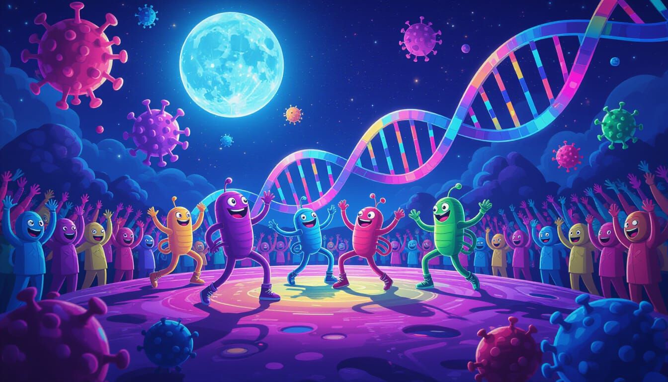 Microbes Breakdancing on DNA Double Helix in Retrofuturistic...