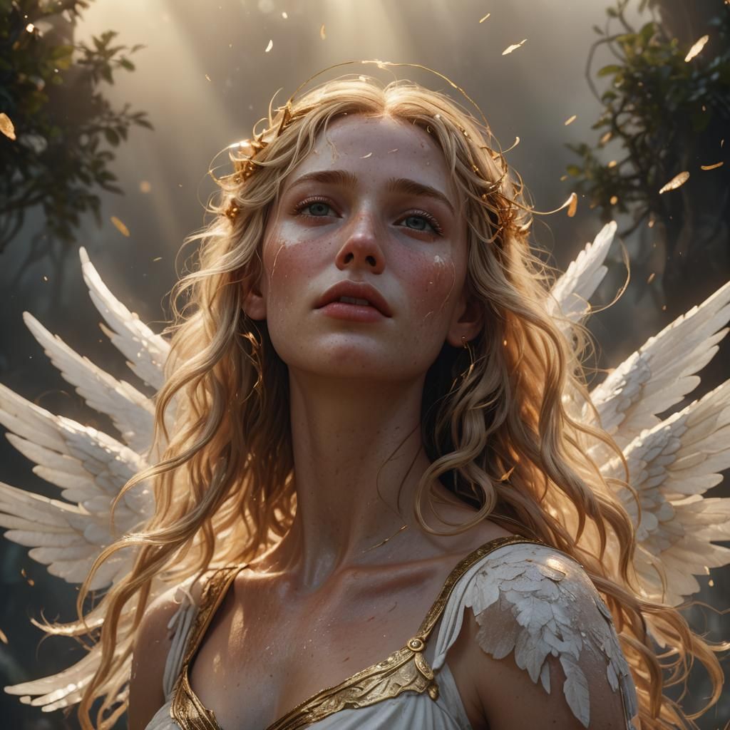 Hyperrealistic Goddess Crying Golden Tears in Mist