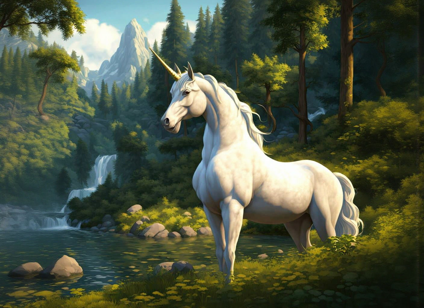 White and Gold Unicorn Under Moonlight, Fantasy Art