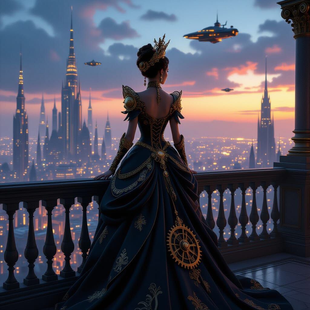 Steampunk Queen Overlooks Futuristic City at Dusk