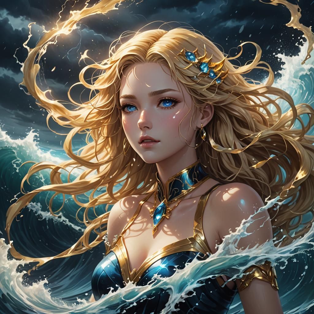 Magical Girl Summons Stormy Wave: Anime Illustration