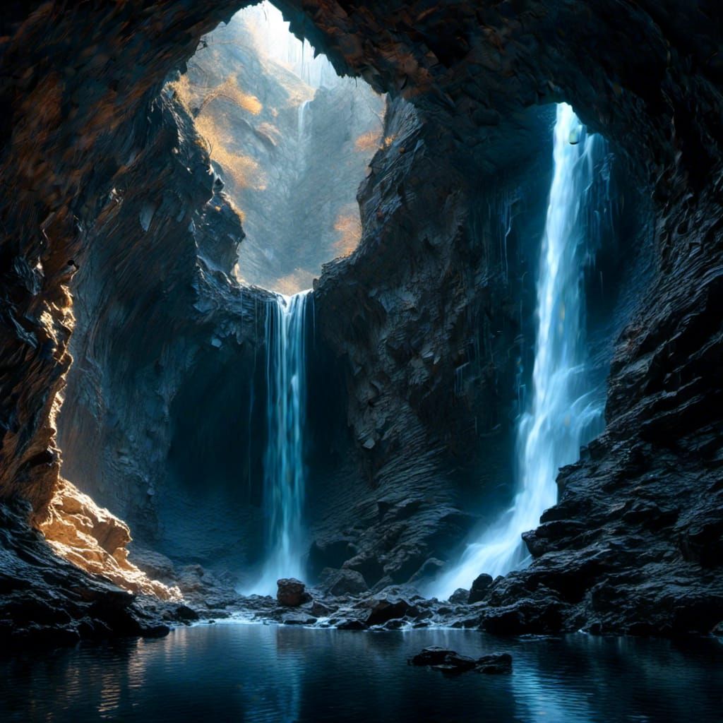 Waterfall in Dark Cave: Digital Painting
