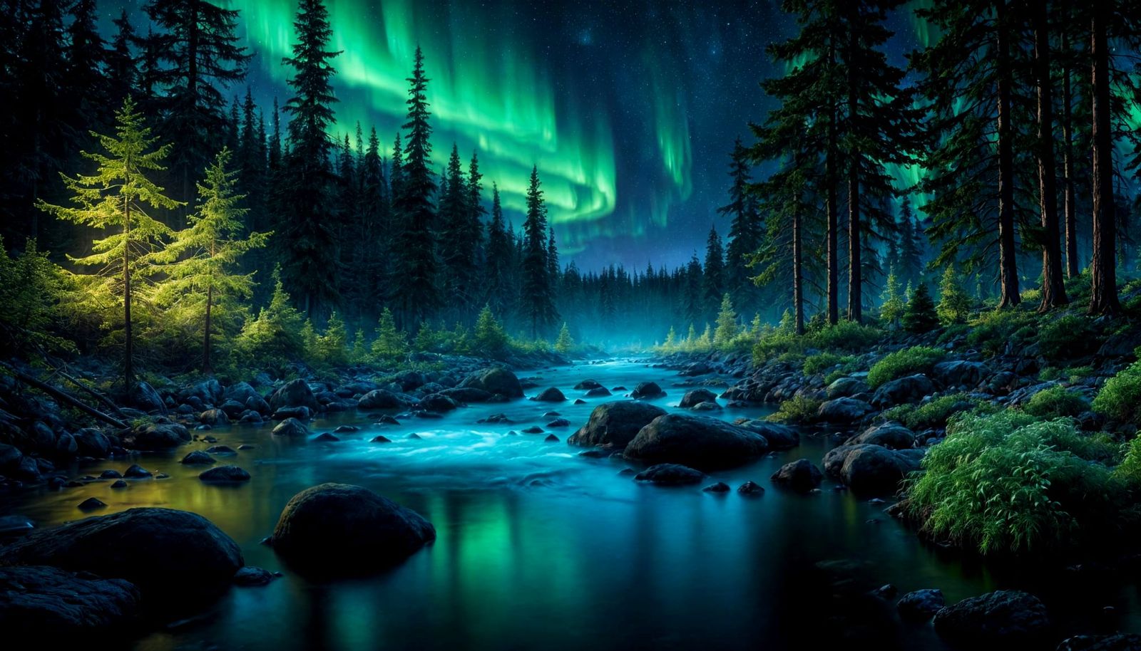 Bioluminescent Alien Forest Under Aurora Borealis