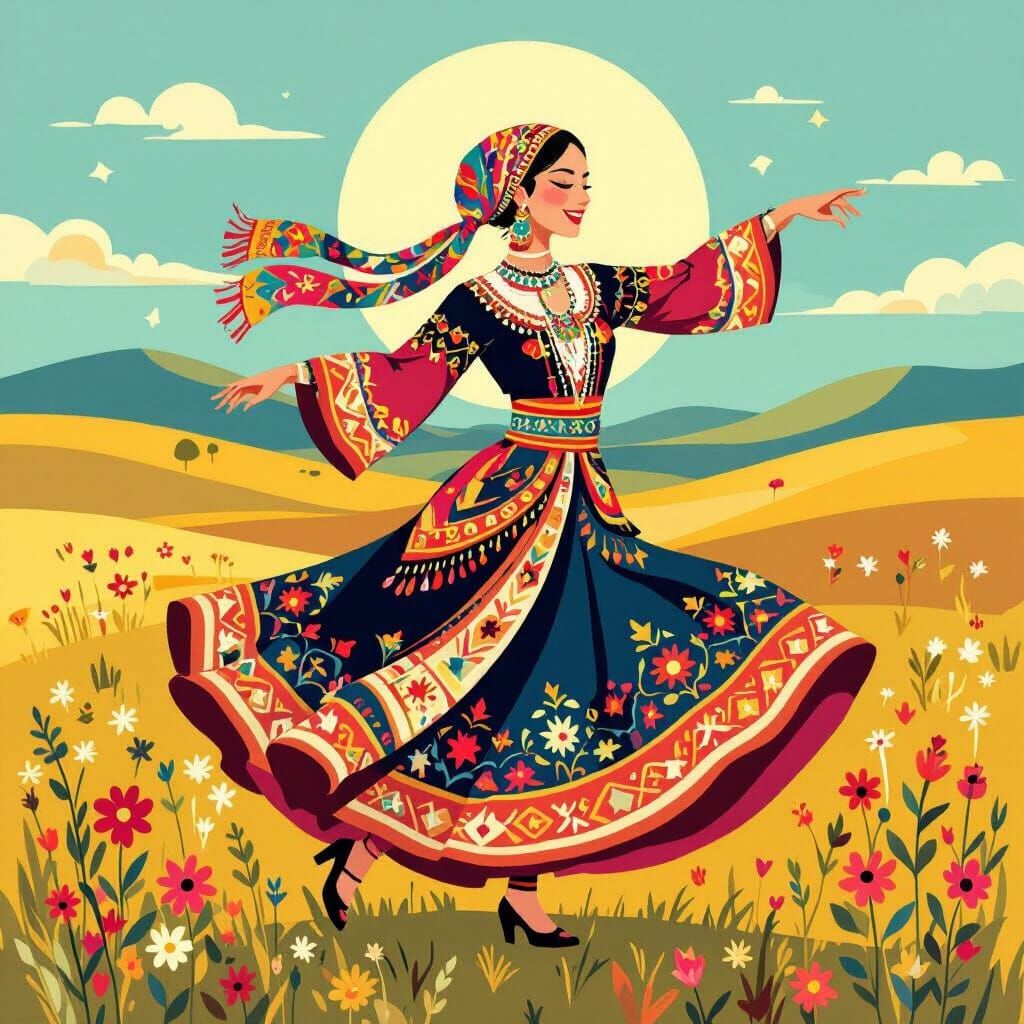Tatar Lady Dancing in Traditional Costume on Steppe
