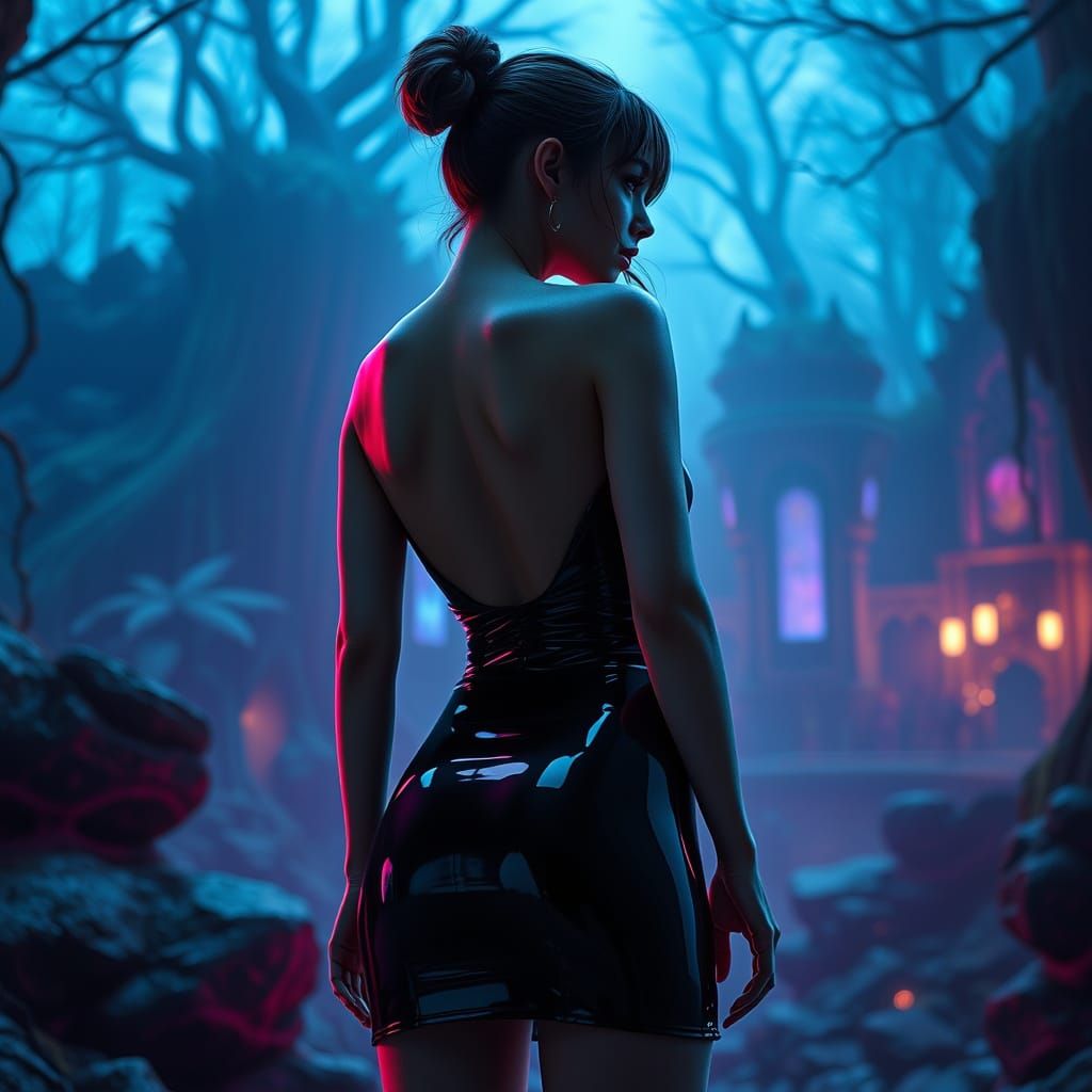 Sensual Dark Fantasy Goddess in High-Gloss Latex Minidress
