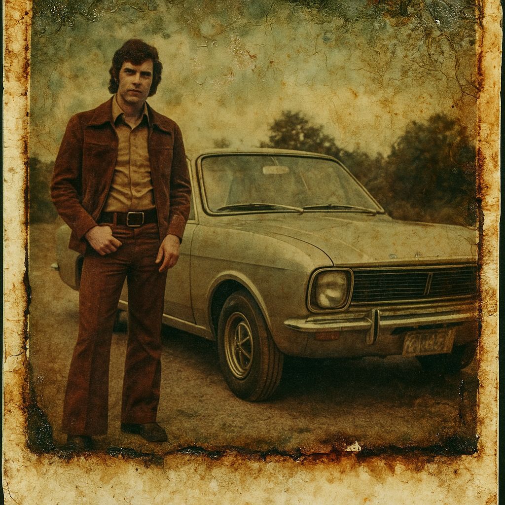 Man in 70s Clothing Next to Ford Cortina