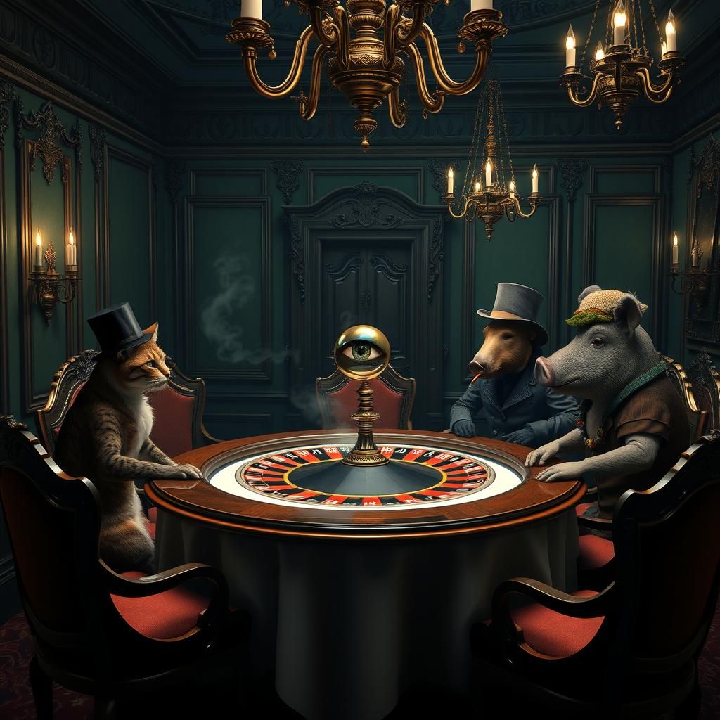 Victorian Animals Play Roulette in Dimly Lit Room