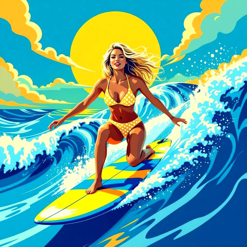 Abstract Surfer Girl Rides Summer Wave