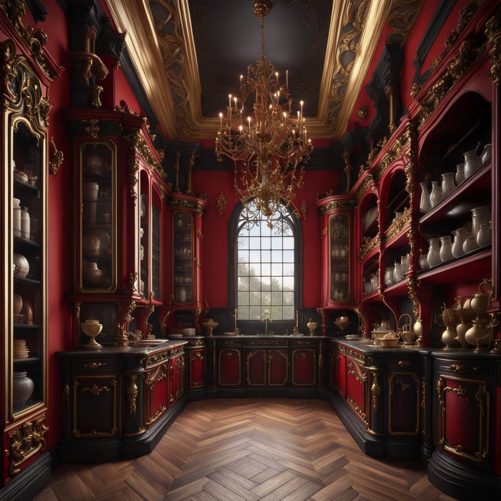 Rococo Gothic Royal Butler's Pantry in Red and Black