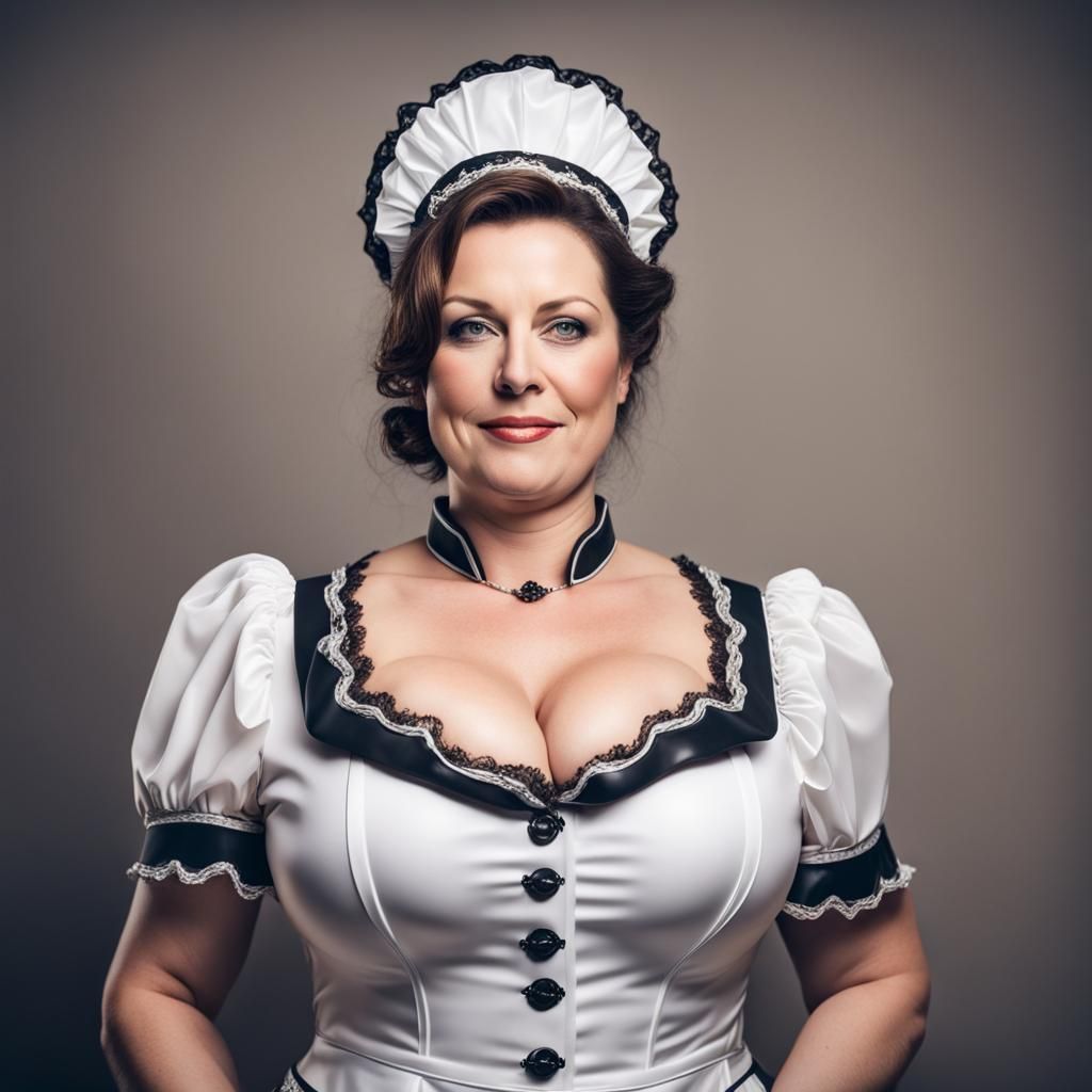 Curvy Woman in Ornate Rubber Maid Uniform