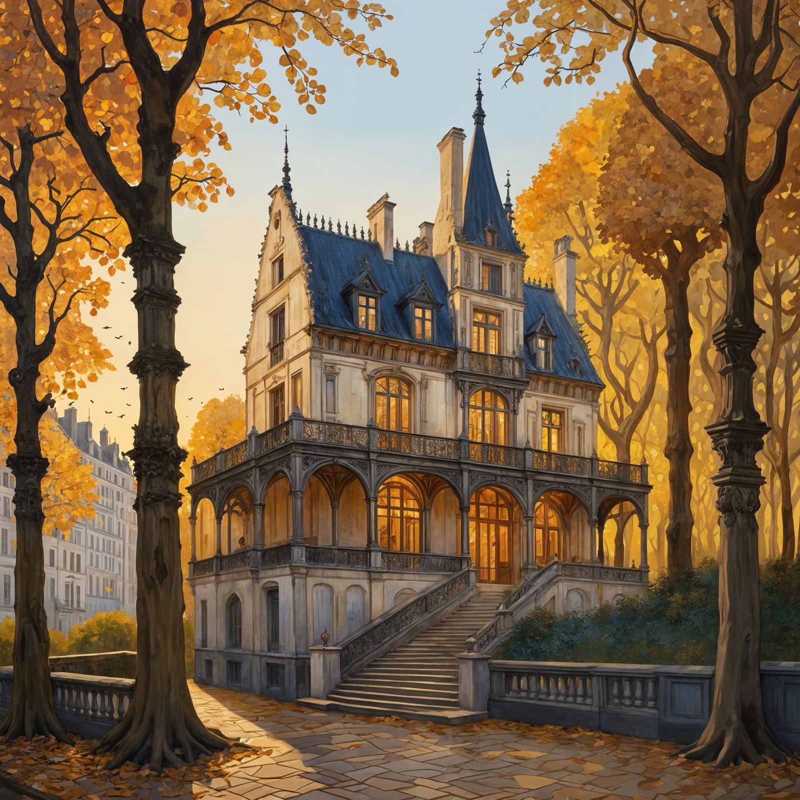 Neorenaissance Hunting Lodge in Autumn, Gouache Sketch