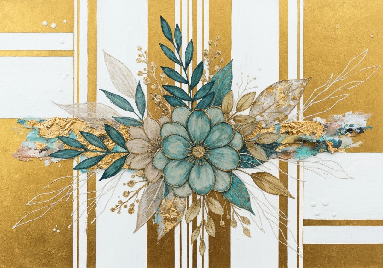 Abstract Floral Art with Gold, Teal, and Beige